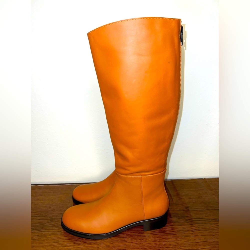 FRAME LE RAMSEY KNEE HIGH BONDED LEATHER Zipper BOOTS SZ 39 IN TOBACCO